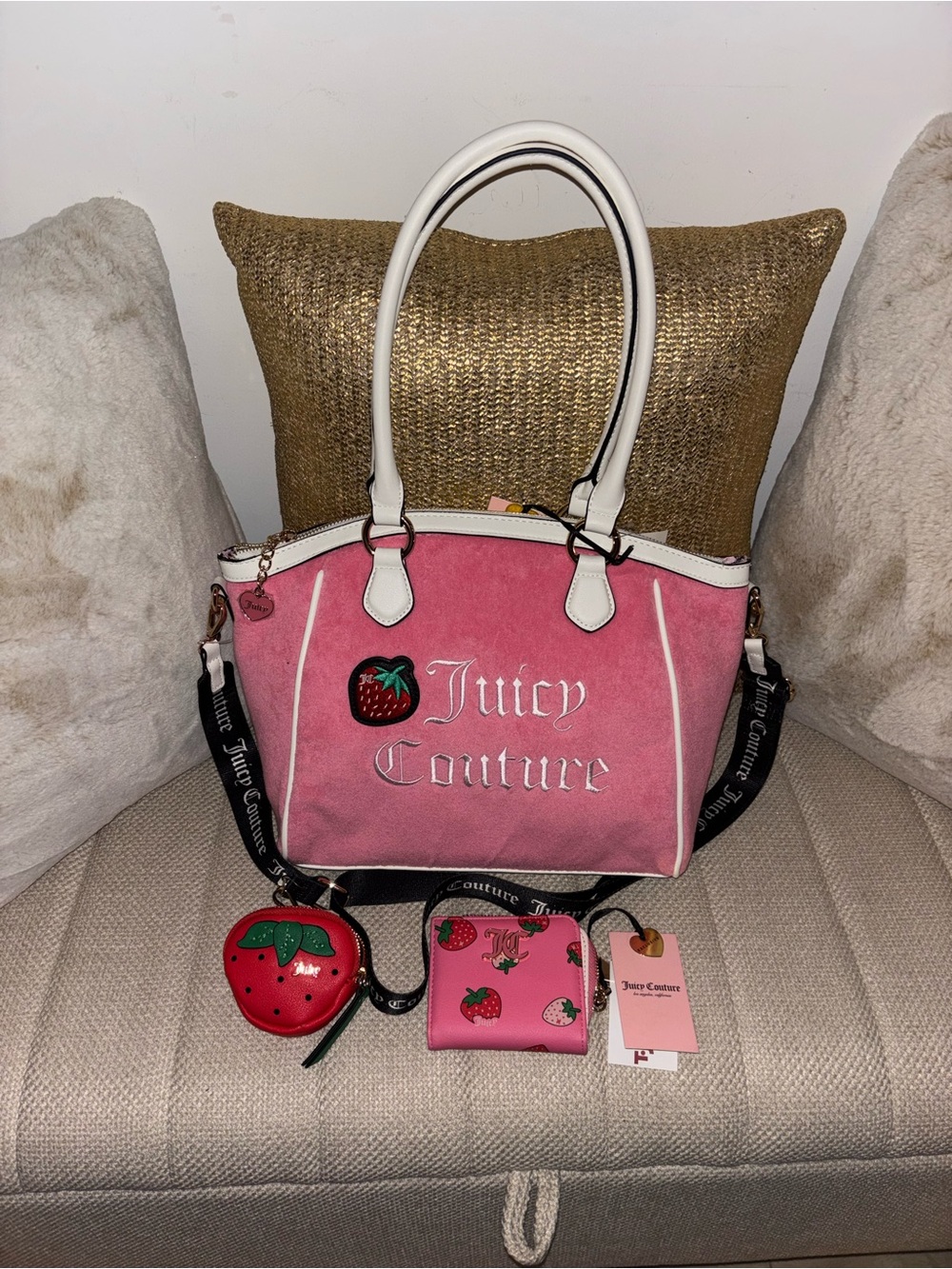 Juicy Couture Pink Strawbery-Accent Tote with White Trim